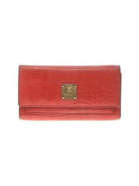MCM Coral Croc-Embossed Leather Flap Wallet with Gold Plaque